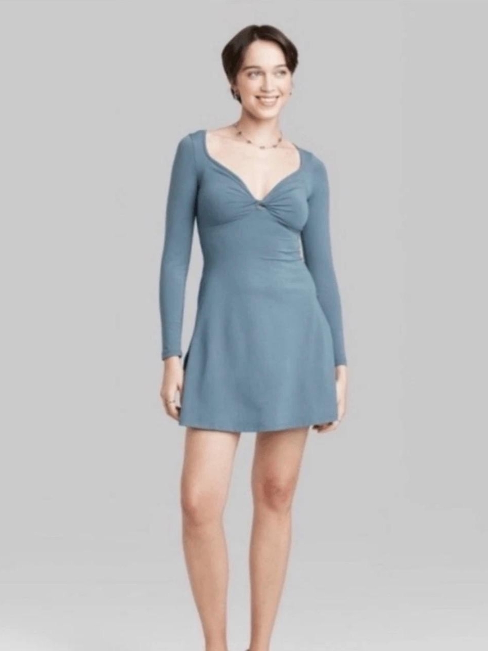 wild fable Dusty Blue Twist-Front Long Sleeve Mini Dress
